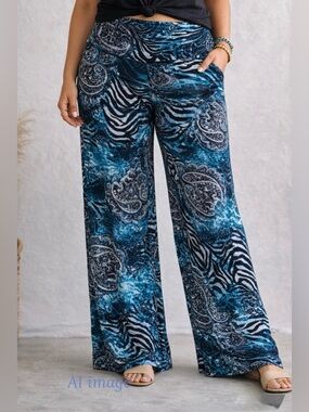 SWAK Wide Leg Palazzo Pants 1X Blue Paisley Animal Print